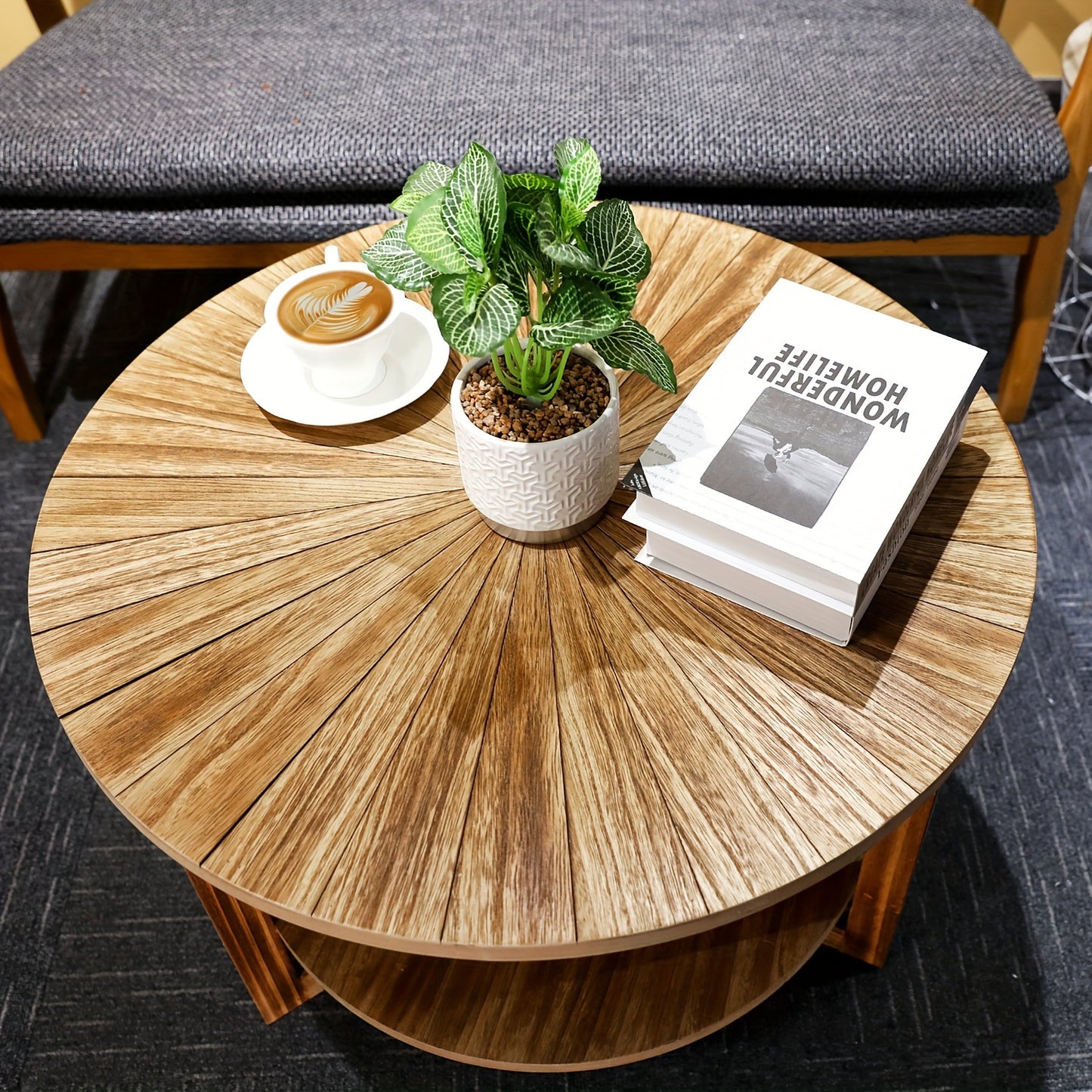 2-Layer Wood Round Coffee Table with Light Luxury and Simple Style, Perfect for Living Room