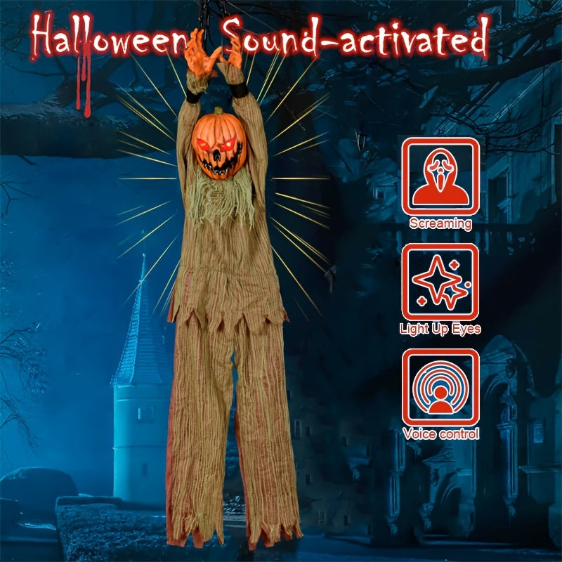 Spooky Halloween Hanging Decor - Glowing Eyes, Screaming Pumpkin Skeleton with Witch Hat & Moving Body - Battery-Powered Outdoor Yard Ornament for Haunted House Atmosphere