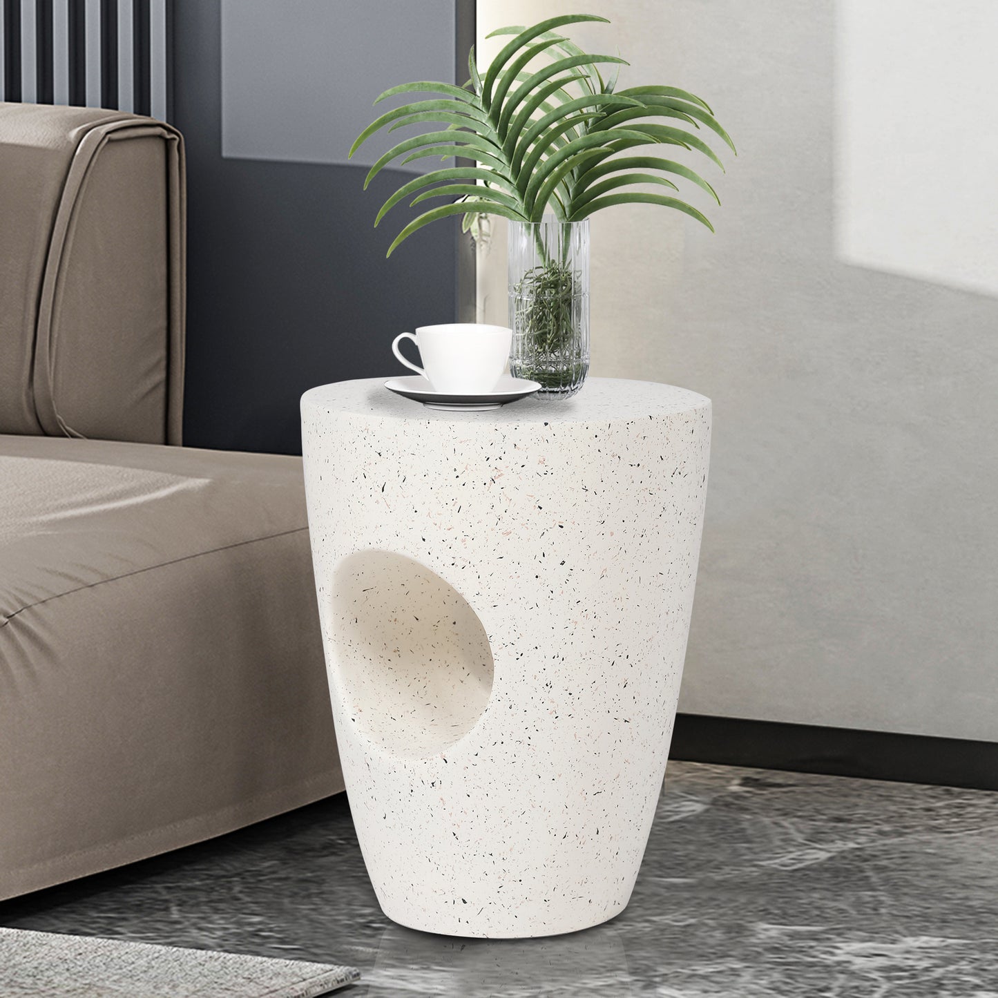 ED Modern Concrete Side Table for Outdoor,18.11" H Accent End Coffee Table Drink Table Nightstand, Unique Plant Stand for Garden Patio Living Room