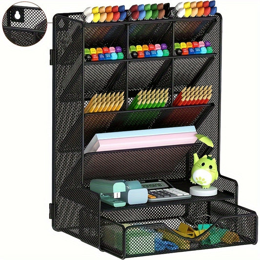 1 Pcs Pen Organizer for Desk, Multi-Functional Desk Organizer, Wall Mount Pen Holder with Drawer for School, Office, Home, Art Supplies, Black