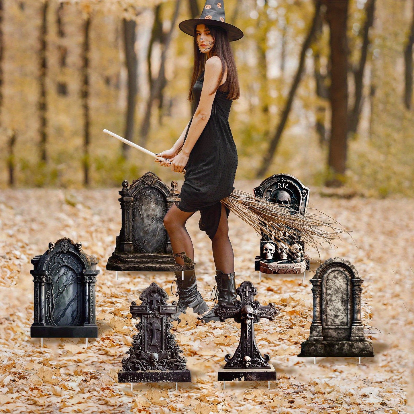 6pcs Halloween Graveyard Decor Set - Large, Realistic RIP Skeleton Tombstones with Stakes for Outdoor Yard & Lawn Display, Perfect for Home Parties