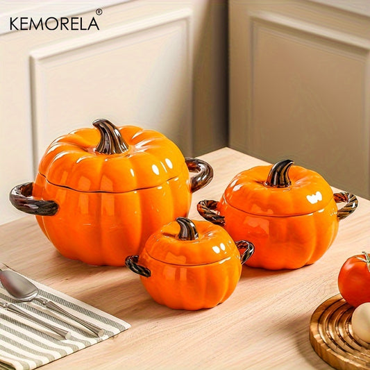 KEMORELA Pumpkin-Shaped Ceramic Bowl - Perfect for Thanksgiving, Fall Baking & Halloween | Medium Size, Ideal for Steaming & Serving