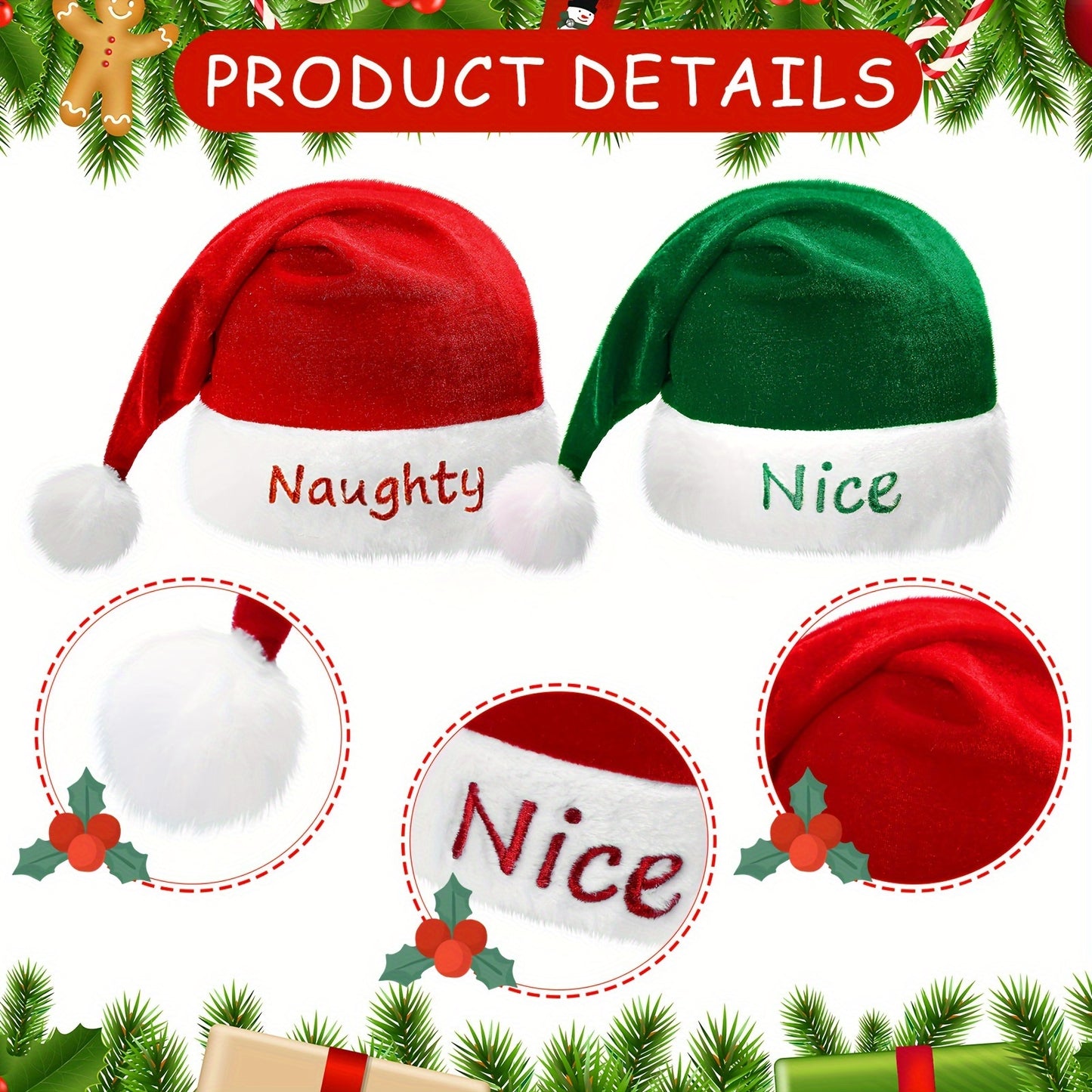 12 Pcs Naughty And Nice Plush Santa Claus Hat Unisex Classic Xmas Santa Hats Hand Stitched Festive Holiday Christmas Hat