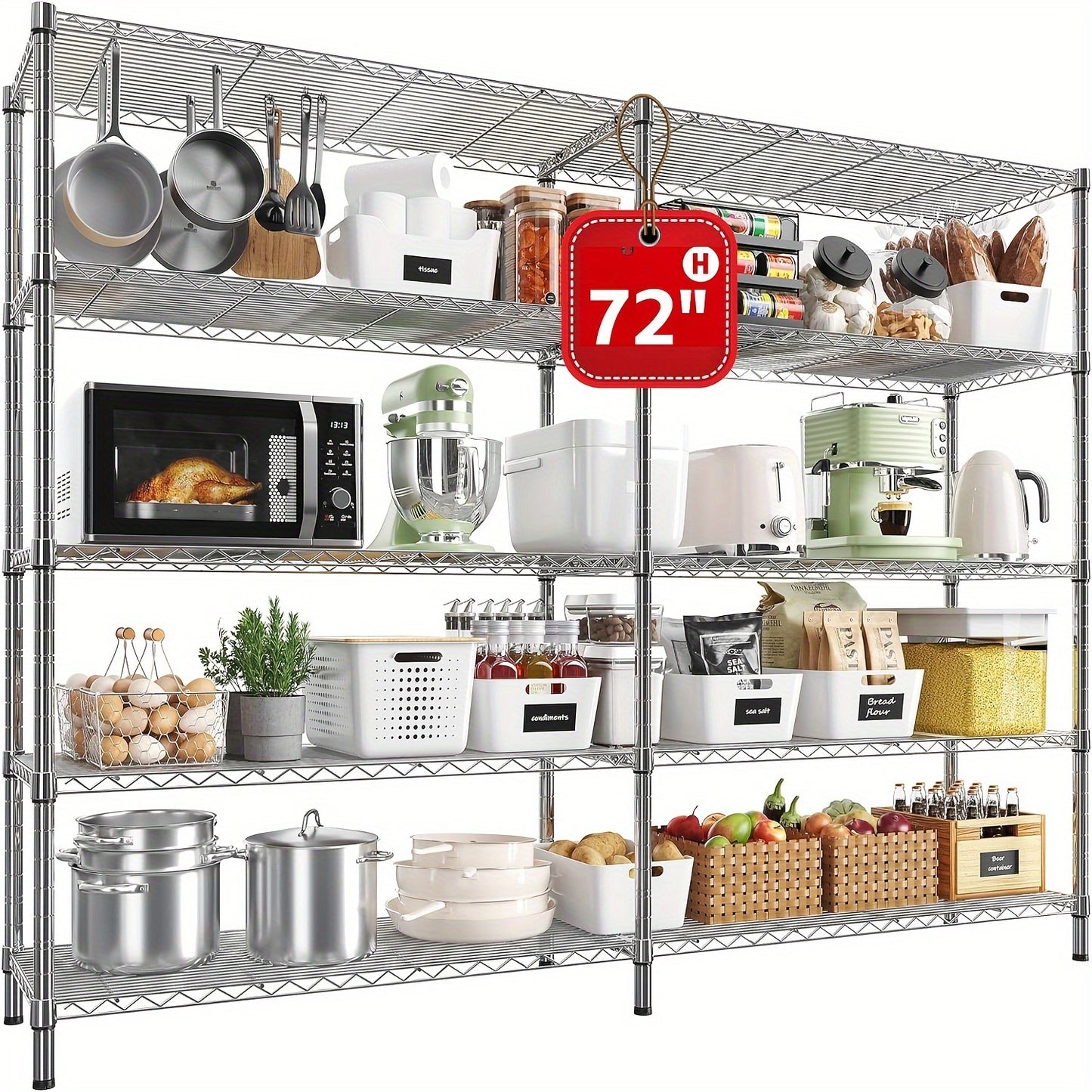 60''/72" W Storage Shelves, 1200LBS/1600LBS Wire Shelving Unit, Adjustable 4/5 Tier Metal Shelving For Storage Rack Shelves For Storage Heavy Duty Garage Shelf Pantry Shelves Kitchen Shelving Bathroom Rack