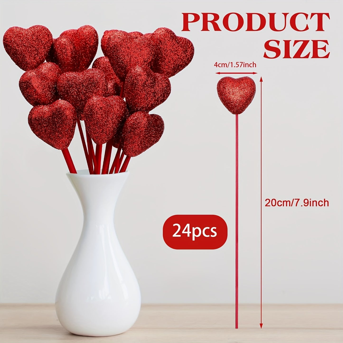 24pcs Sparkly Glitter Foam Heart Picks - Red and Pink Puffy Heart Toppers with Wooden Stems for Valentines Day Wedding Decorations and Flower Arrangements - Easy to Use and Reusable Decorative Accents