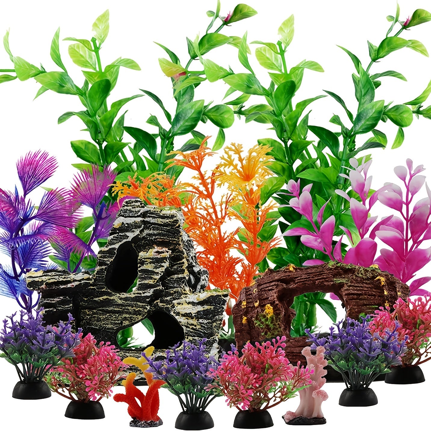 15pcs Resin Fish Tank Decorations Plants with Broken Barrel, Cave Rock View, and Plastic Plants