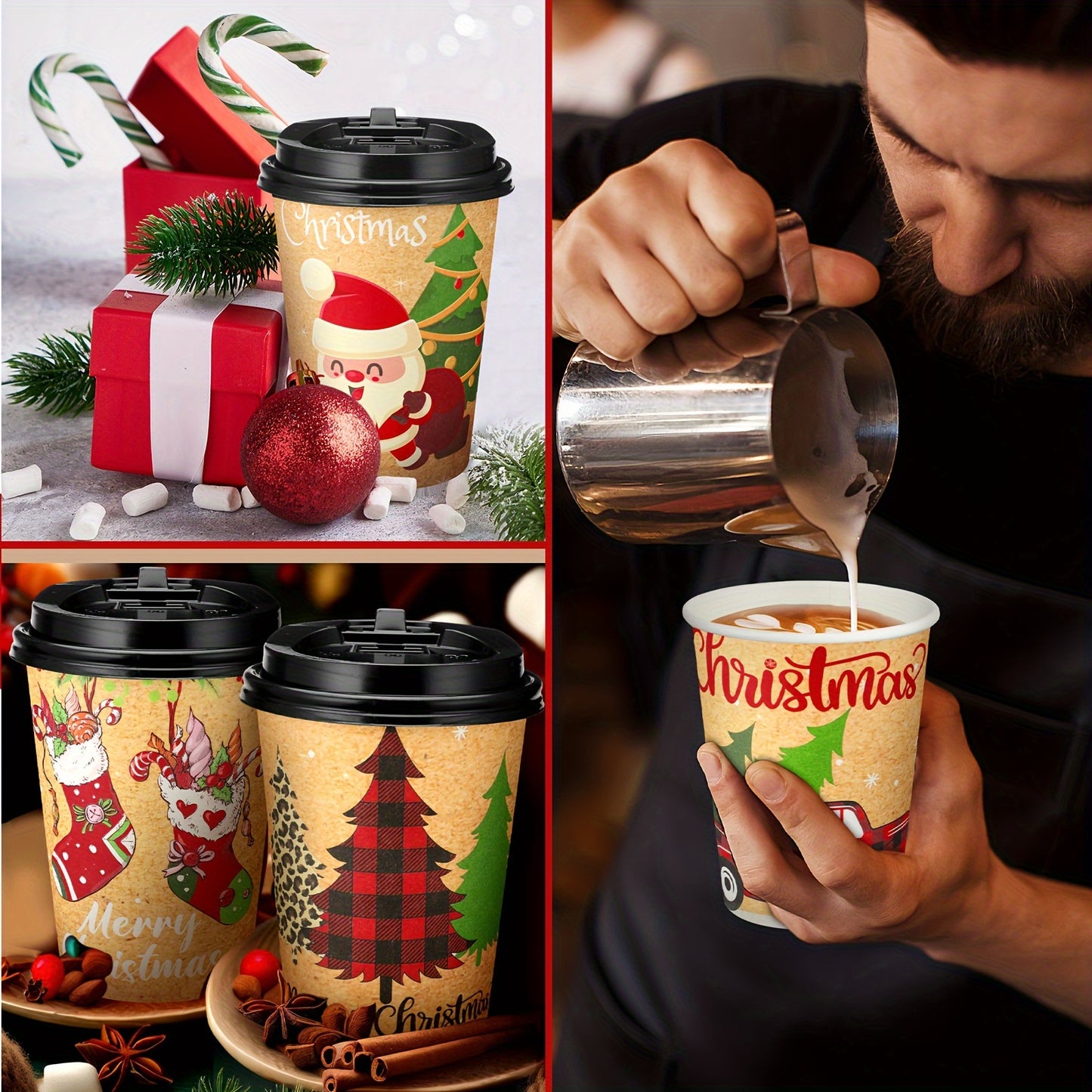 200 Pcs Christmas Disposable Coffee Cups with Lids Insulated Disposable Paper Cups Xmas Designs of Cute for Hot and Cold Drinks Tea Water Coffee Bar Supplies Winter Season, Lovely, 12 oz