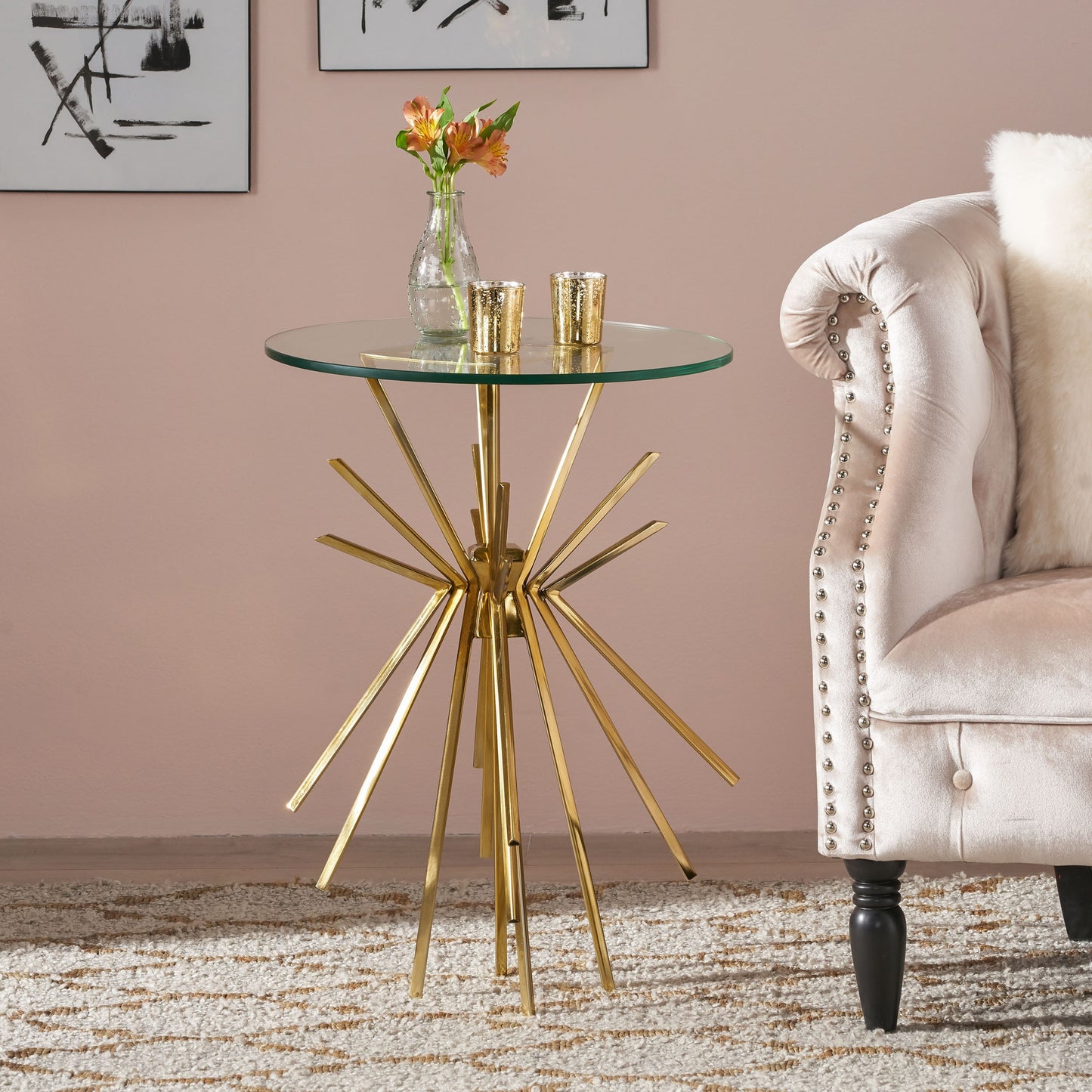 25 * 178in Golden Metal Glass Side Table, Coffee Table, Modern Geometric Design, Suitable For Bedrooms, Living Rooms, Dining Rooms, Outdoor, Gardens, And Courtyards