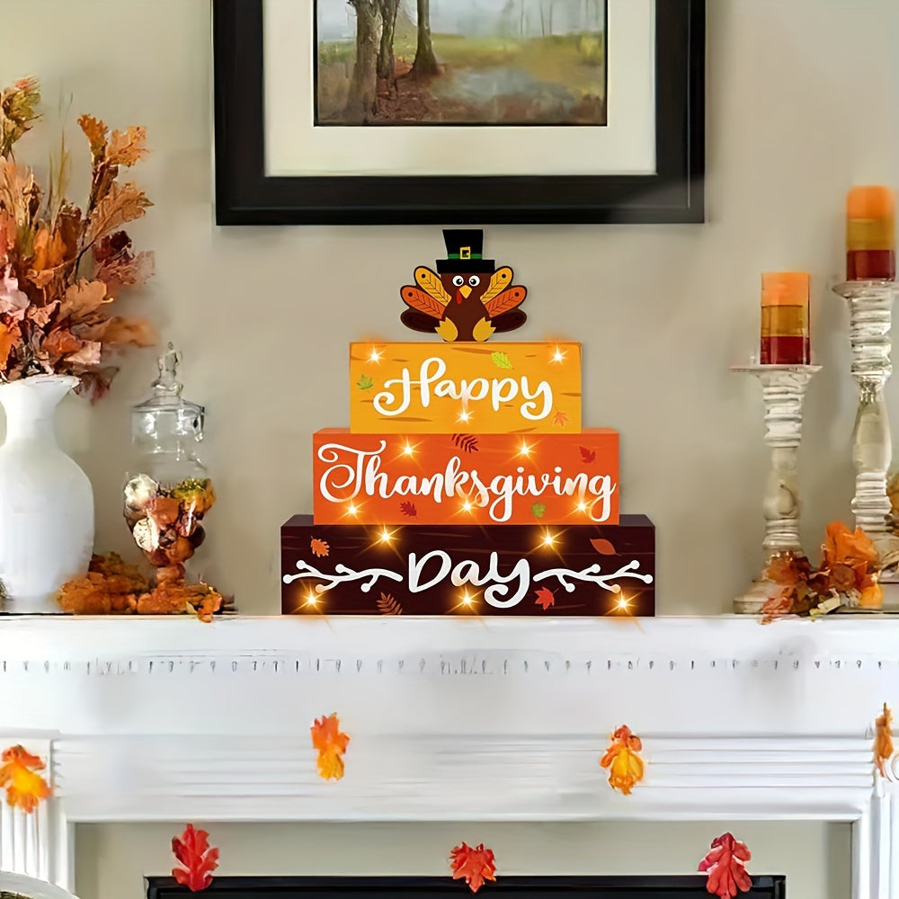 Happy Thanksgiving LED Light-Up Wooden Sign - Turkey Design for Tabletop & Mantle Decor, Battery Operated (AAA), Perfect for Farmhouse & Autumn Celebrations