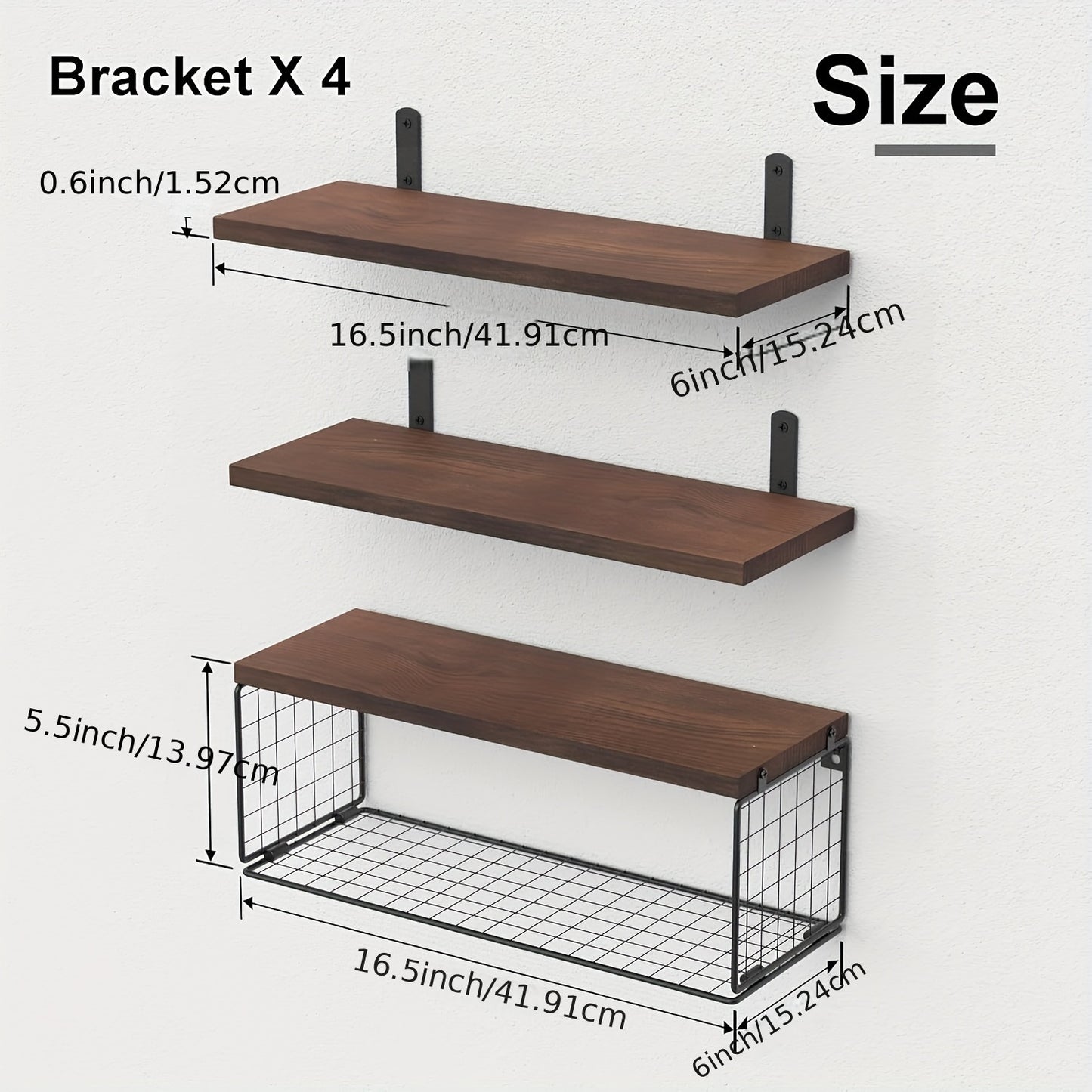 Floating Shelves For Bathroom Shelves, Wall Storage Baskets, Bathroom, Bedroom, Living Room, Toilet Paper - Dark Brown, Black, Wood Color