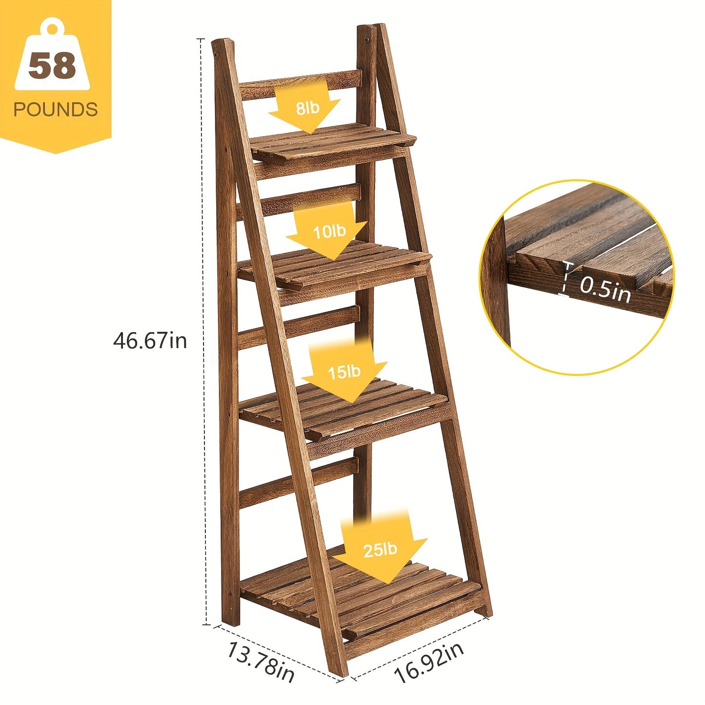 4-Tier Rustic Solid Wood Ladder Shelf, 45" Industrial Leaning Bookcase Folding Freestanding Plant Stand for Living Room, Office, Brown Strip Shelf