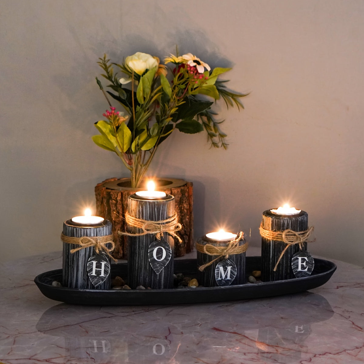 4-Piece Rustic Wood Candlestick Holders Set with HOME Letters, Family-Themed Tabletop Decor, Polished Finish, Decorative Candle Tray for Dinner Parties and Home Ambiance - Candles Not Included