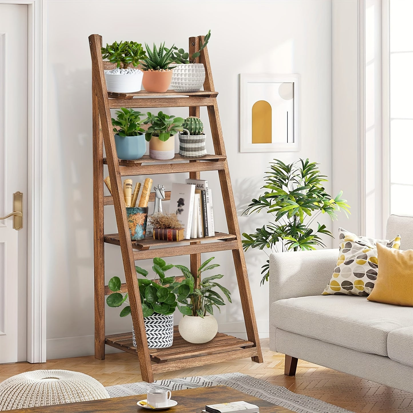 4-Tier Rustic Solid Wood Ladder Shelf, 45" Industrial Leaning Bookcase Folding Freestanding Plant Stand for Living Room, Office, Brown Strip Shelf