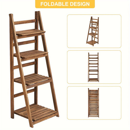 4-Tier Rustic Solid Wood Ladder Shelf, 45" Industrial Leaning Bookcase Folding Freestanding Plant Stand for Living Room, Office, Brown Strip Shelf