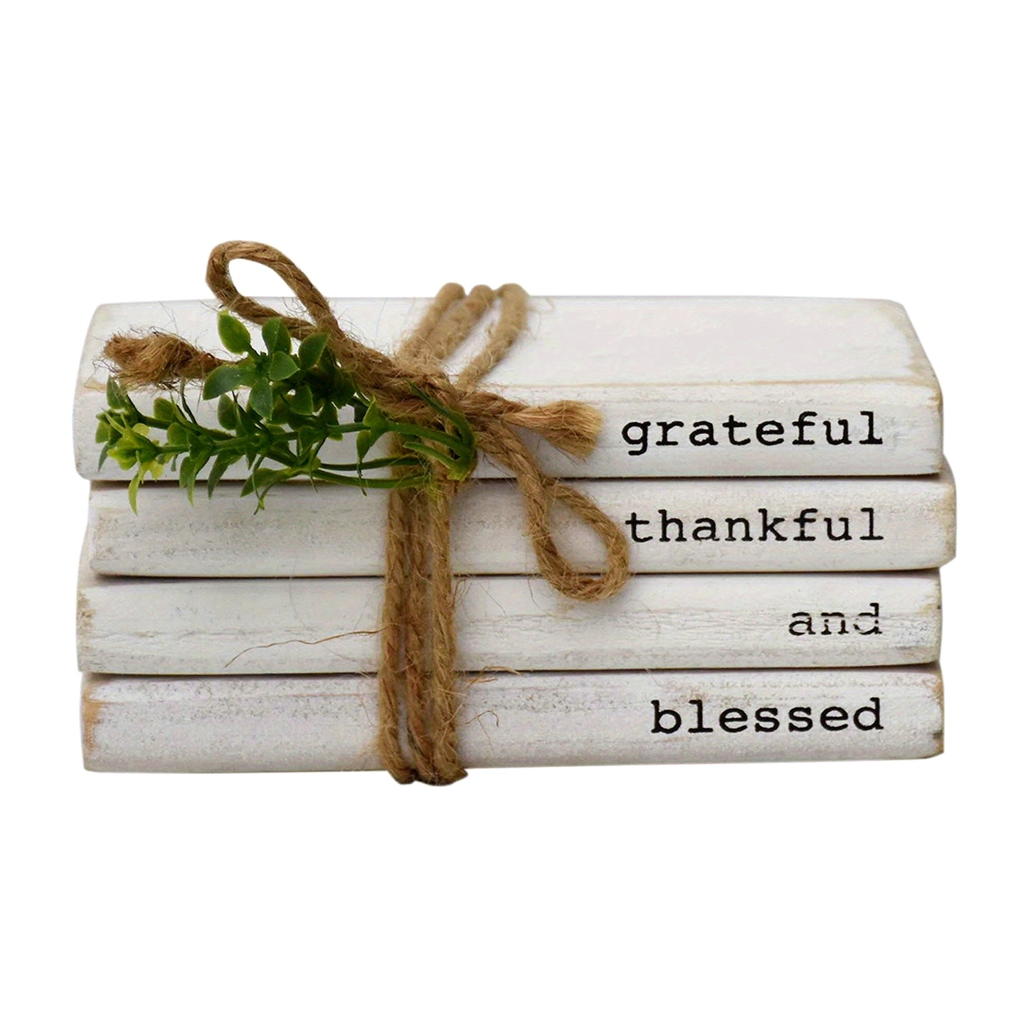 5.9" W x 3.8" H x 2.6" D Wooden Decorative Books - Whitewashed Wood Stacked Books Tied with Twine and Greenery, Modern Farmhouse Decor for Shelf or Mantel, Grateful Thankful and Blessed