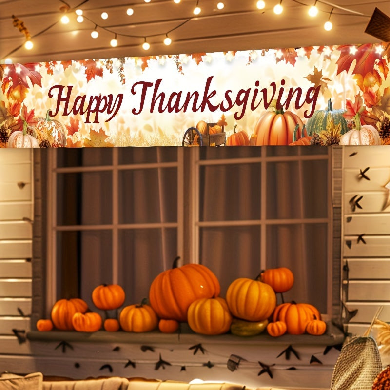 Happy Thanksgiving Banner - 118"x18" Vibrant Pumpkin Harvest Scene, Durable Polyester Outdoor & Indoor Decor for Home, Party, Photo Booth - Includes Free Installation Kit & String Lights