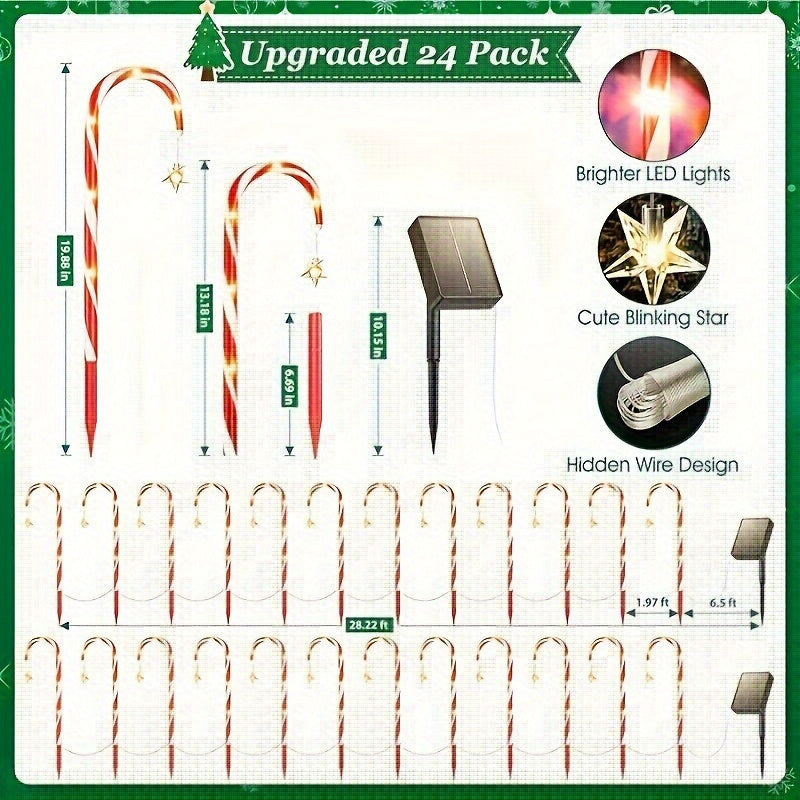 24Pack Solar-Powered Candy Cane Lights - Outdoor Christmas Decorations for Garden/Lawn/Tree/Pathway/Patio - 10 Modes, Waterproof, Energy-Efficient, and Easy to Install