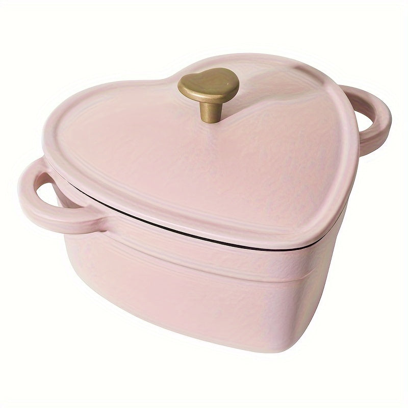 2QT Cast Iron Heart Shaped Dutch Oven, Durable Cast Iron Construction, Enamel Coating Reduces Sticking, Cooks A Variety Of Meals, Perfect For Holidays And Special Occasions, Side Handles And Easy Handling, Pink Champagne, 11.