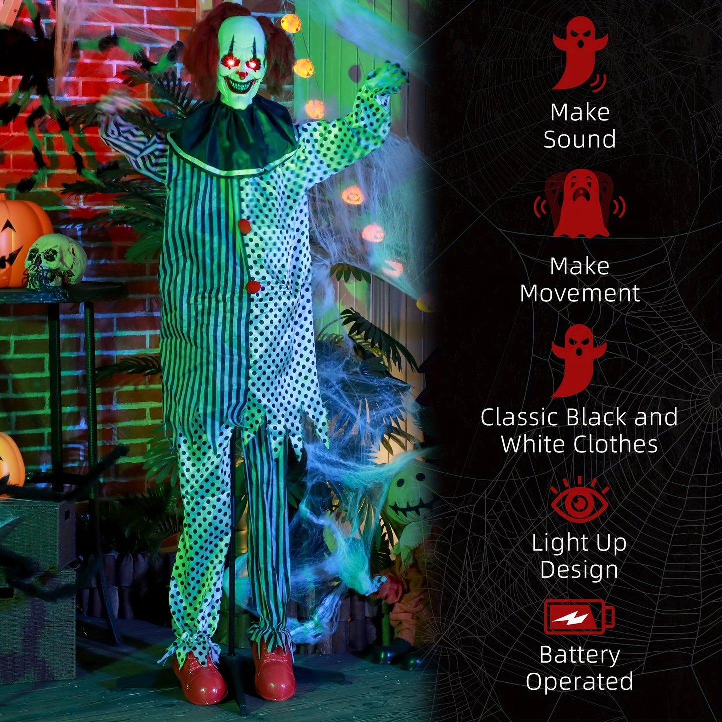 6' Life-Size Animatronic Circus Clown Decoration - Outdoor Halloween Prop with Sound, Motion, Light-Up Eyes, Talking, and Laughter - Spooky Adult Novelty