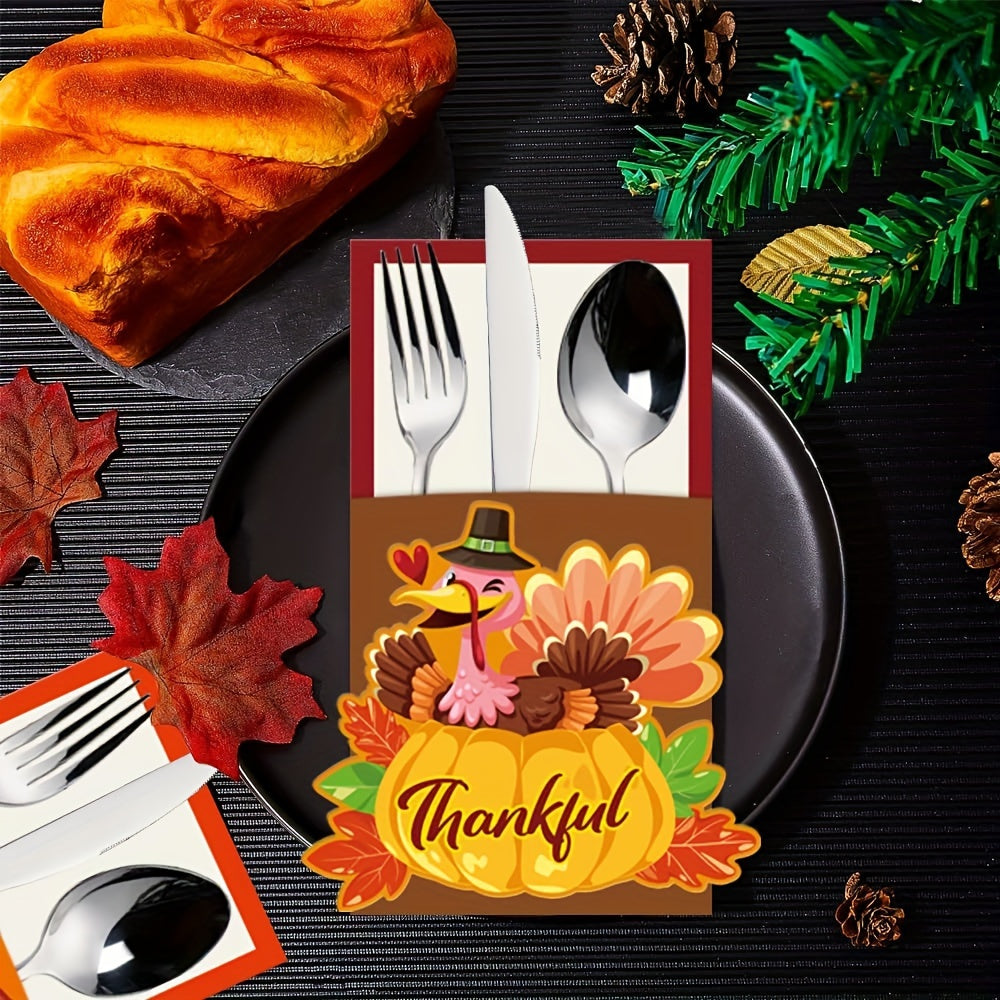 40pcs Thanksgiving Dinnerware Holder Set, Autumn Harvest Table Decor, Includes 10 Random Thanksgiving Paper Bags, 10 Knives, 10 Forks, 10 Spoons, for Party Gatherings, Family Dinners, Festive Holiday Theme, Plastic, No Power