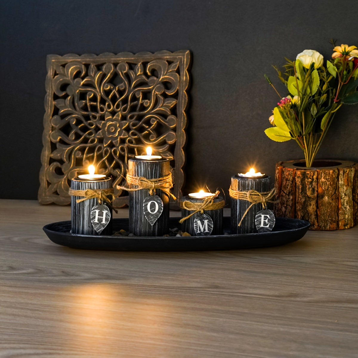 4-Piece Rustic Wood Candlestick Holders Set with HOME Letters, Family-Themed Tabletop Decor, Polished Finish, Decorative Candle Tray for Dinner Parties and Home Ambiance - Candles Not Included