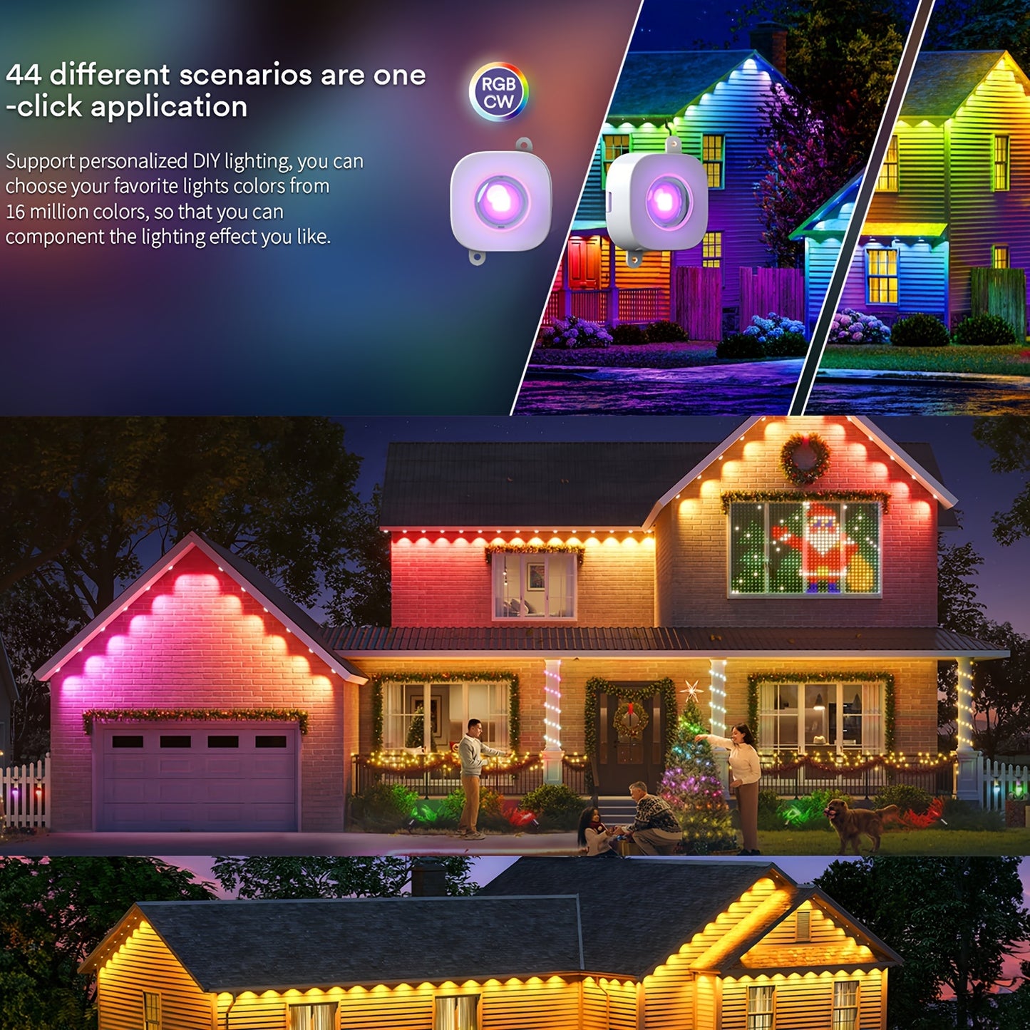 50ft/100ft RGB LED Permanent Eaves Lights, 30led/60led, House Roof Lighting for Party, Valentines Day, Halloween, Christmas