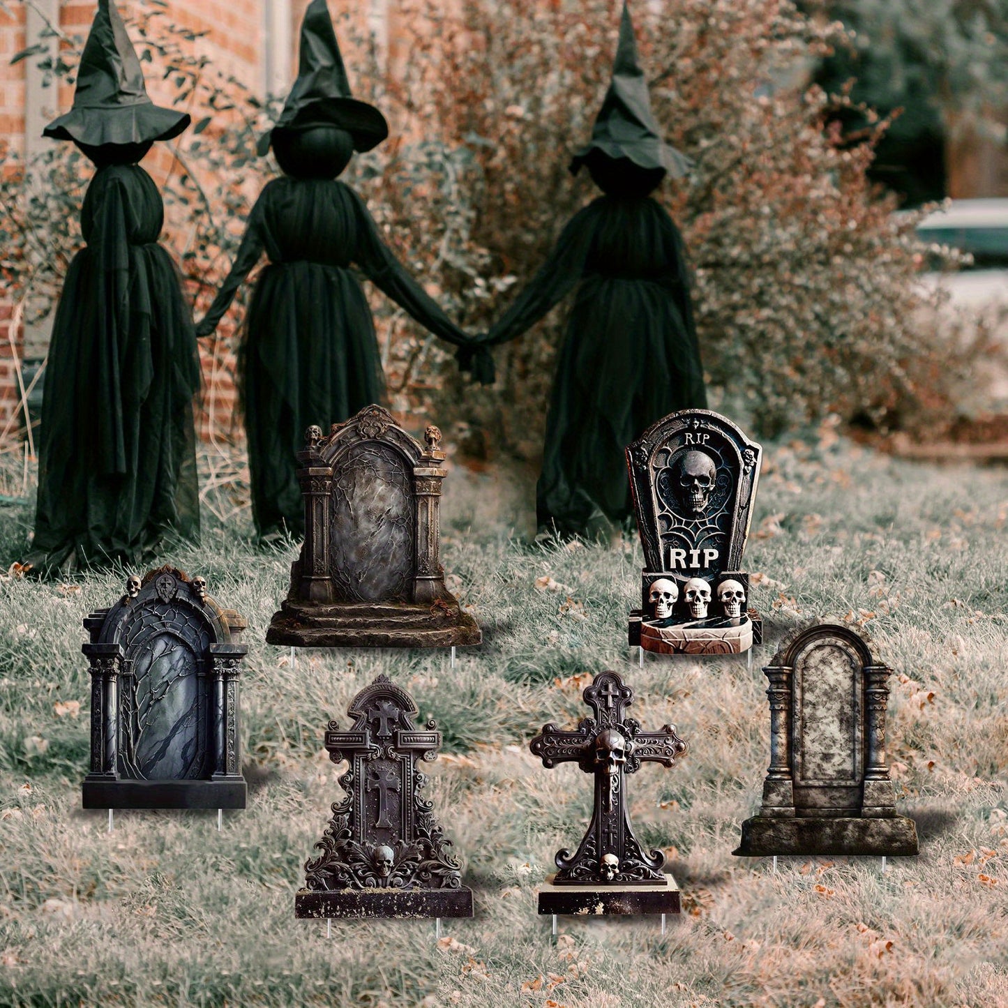 6pcs Halloween Graveyard Decor Set - Large, Realistic RIP Skeleton Tombstones with Stakes for Outdoor Yard & Lawn Display, Perfect for Home Parties