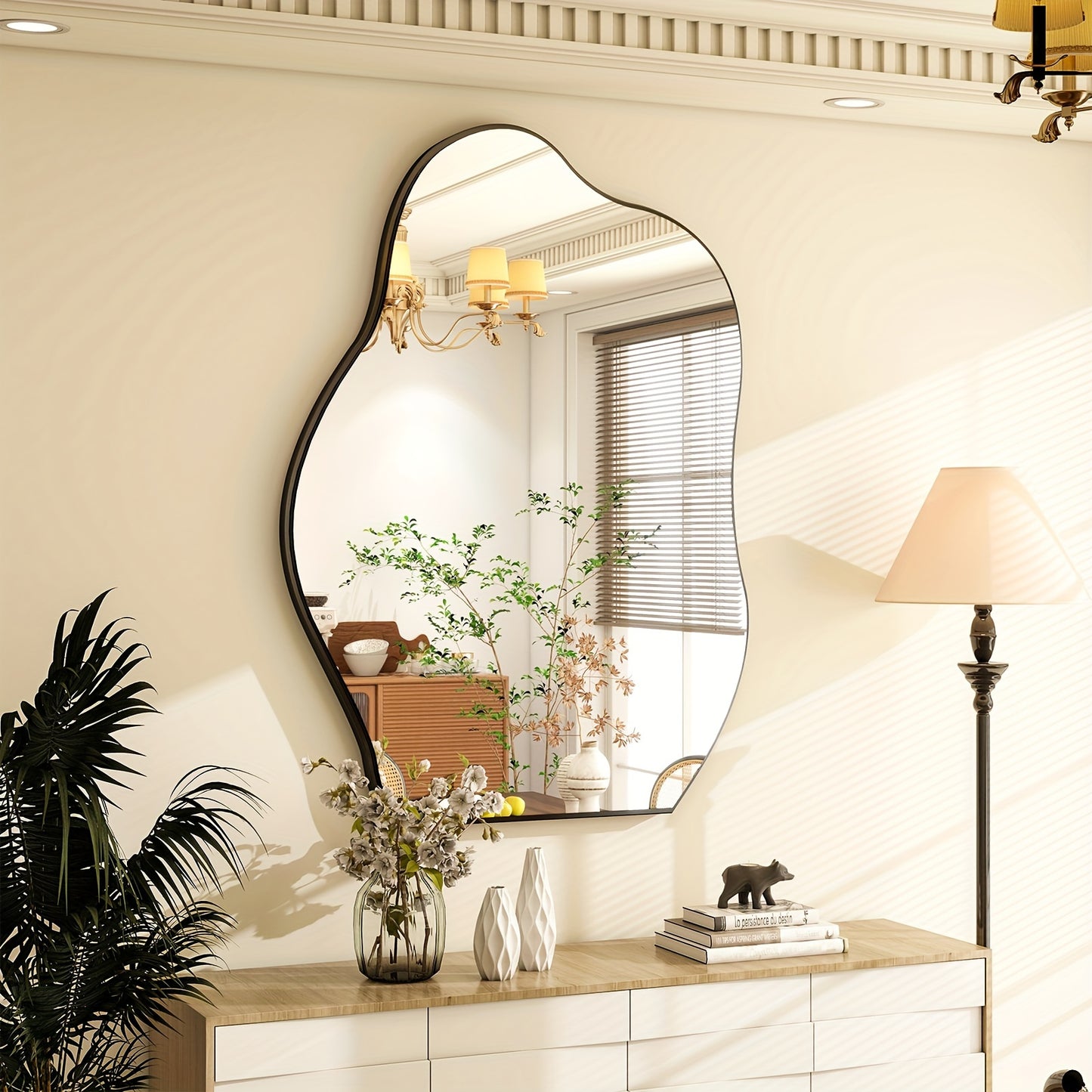 Irregular Wall Mirror 24"x32" Black Asymmetrical Bathroom Mirror Wood Framed Modern Decorative Vanity Mirrors for Bedroom Living Room Entryway