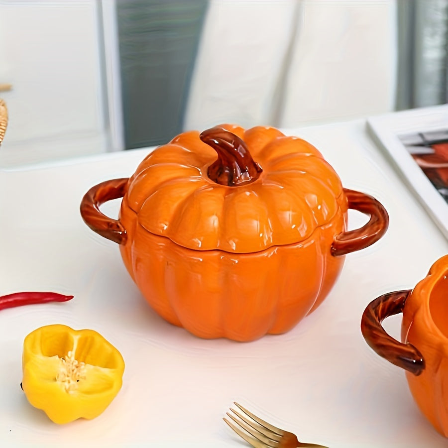 1pc Dutch Oven Pot Set, 54oz Large Ceramic Pumpkin Soup Bowl with Lid and Handles, Novelty Botanical Pattern, Microwave Safe, Heat-Resistant Design, Ideal for Pudding Dessert, Holiday Kitchen Decor, Christmas Party Accessory