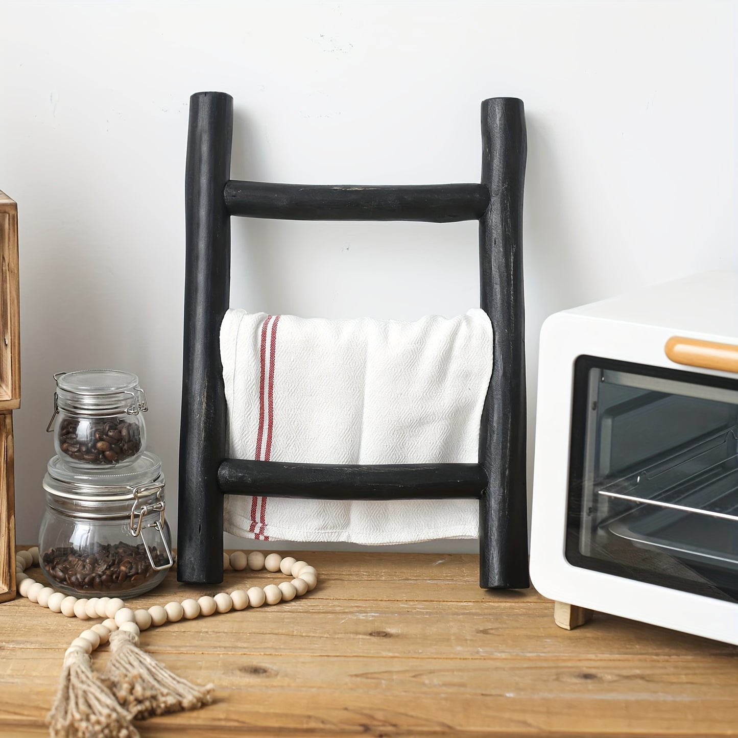 Rustic Farmhouse Mini Wooden Ladder - Versatile Tea Towel Holder & Display Rack for Kitchen and Bathroom Decor, Brown, Utility Hooks