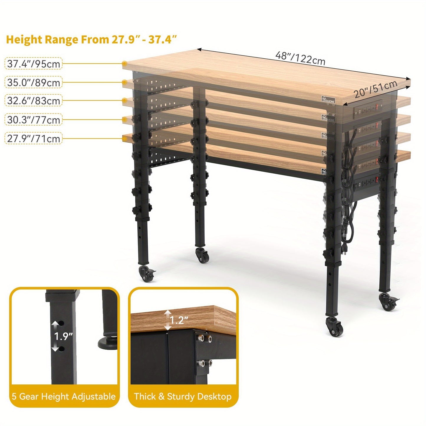 Versatile 48" Workbench: Adjustable Height, Wheels, Pegboard, and 1600 lbs Load Capacity