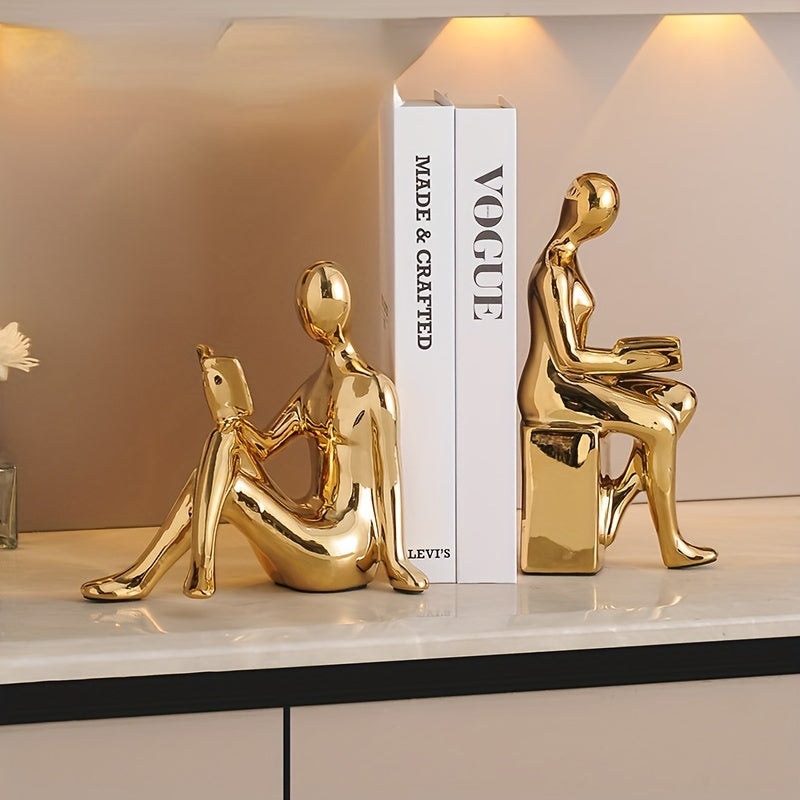 Modern Minimalist Gold-Tone Abstract Figurine Bookends: Perfect for Home Office or Living Room Decor