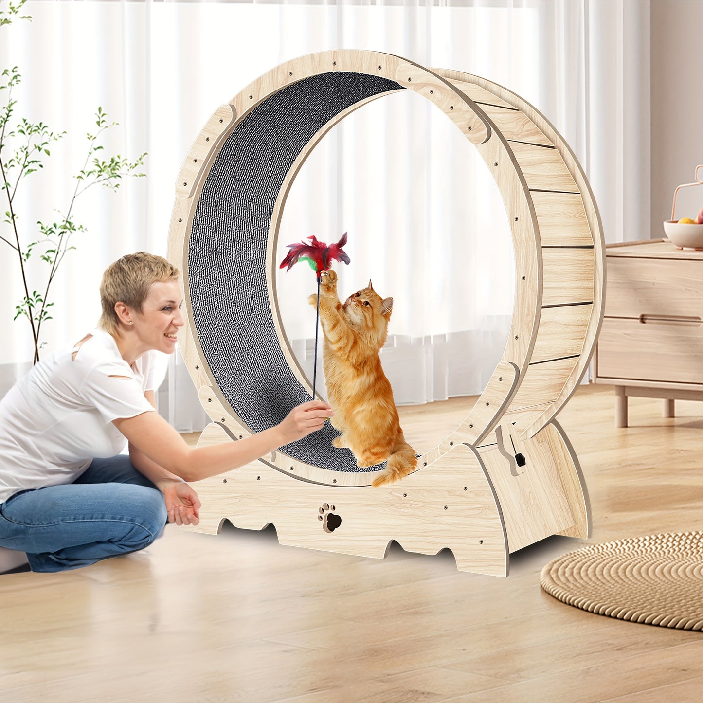 37" Natural Wood Color Cat Exercise Wheel, Carpeted Runway Cat Running Wheel, Fitness Device for Indoor Cats, Longer Life Sport Treadmill