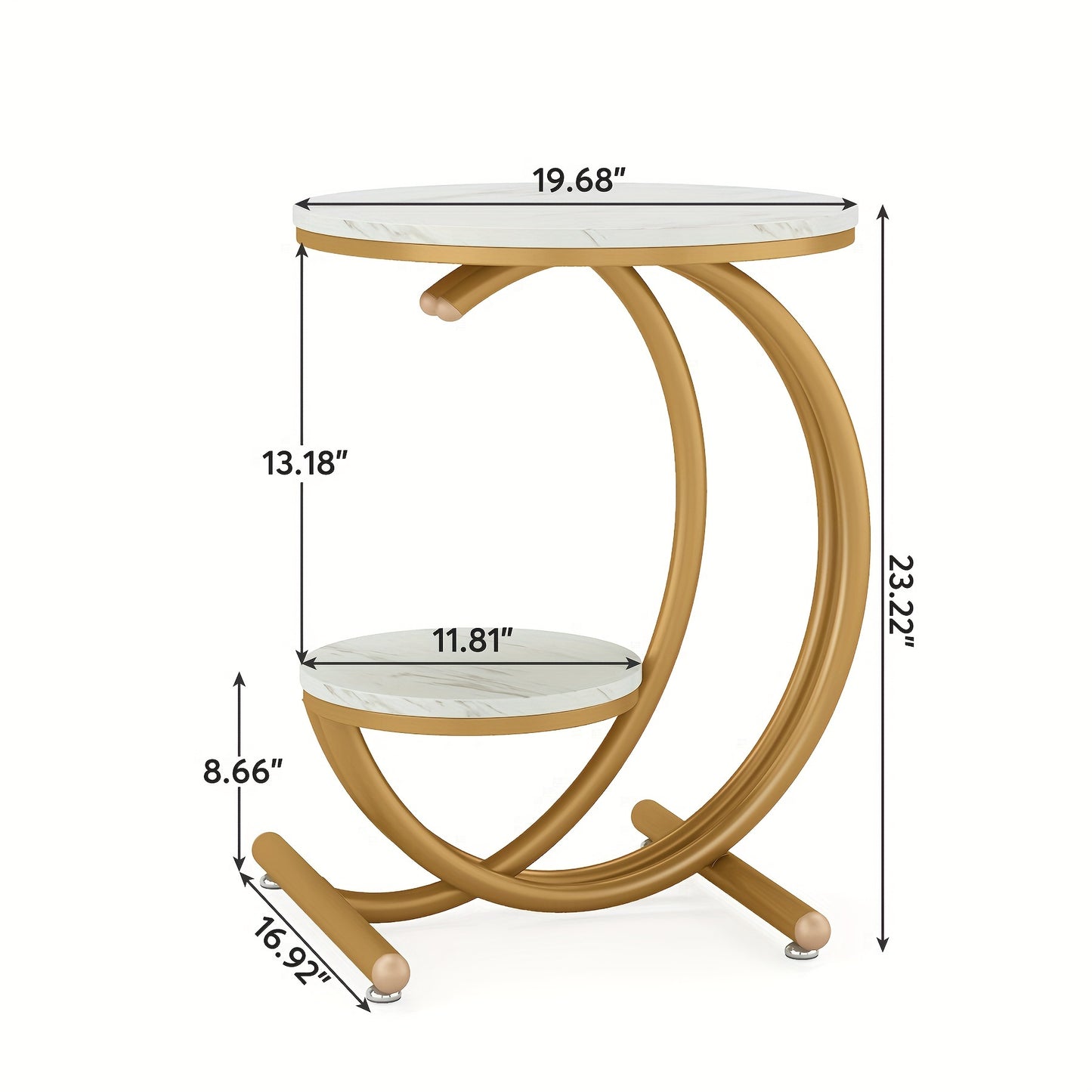 2-Tier Faux Marble Round End Table - Modern C-Shaped Frame End Tables for Living Room, Bedroom, Small Spaces - Space-Saving, Sturdy, Easy Assembly