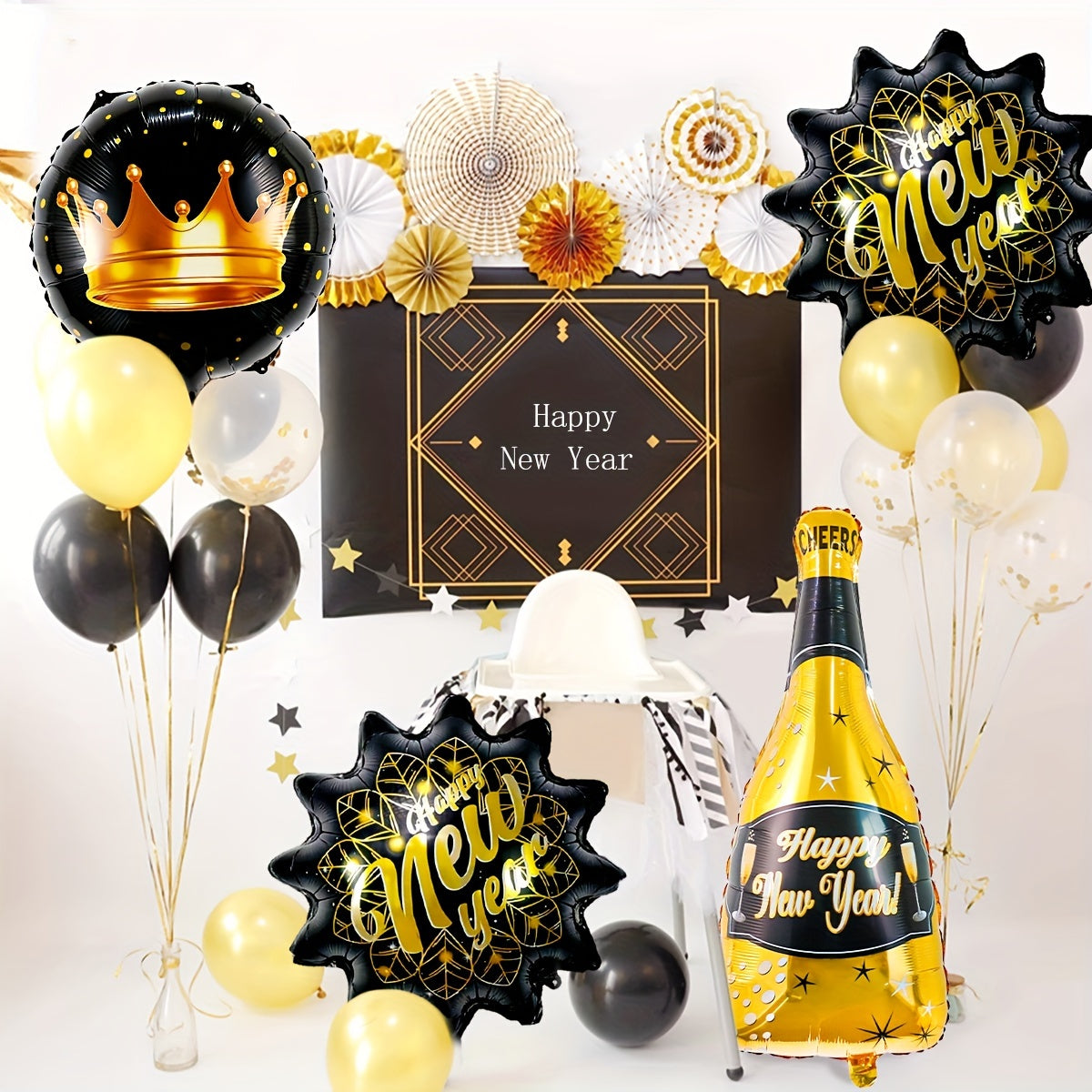 7-Piece New Year's Champagne Bottle Balloon Set with 18" Black Crown Star and 'Happy New Year' Text, Perfect for Festive Celebrations