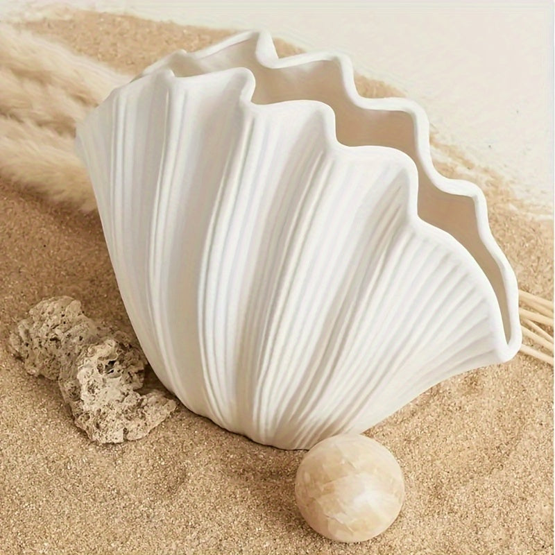 Contemporary Ceramic Shell-Shaped Vase for Living Room, Modern Home Decor Pedestal Flower Vase, Unique Farmhouse Decorative Piece, Elegant Room Ornament, Nordic Style Shelf and Dining Table Accent