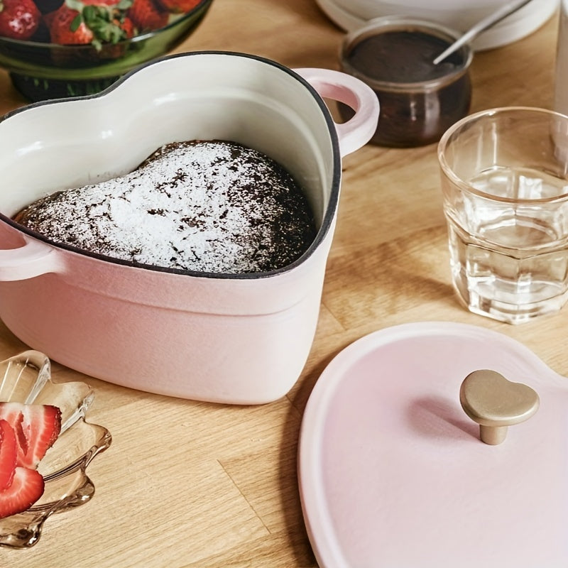 2QT Cast Iron Heart Shaped Dutch Oven, Durable Cast Iron Construction, Enamel Coating Reduces Sticking, Cooks A Variety Of Meals, Perfect For Holidays And Special Occasions, Side Handles And Easy Handling, Pink Champagne, 11.