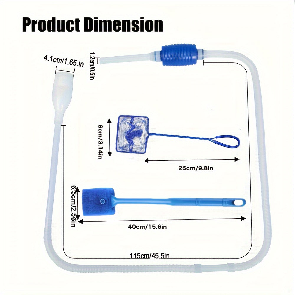 3-Piece Aquarium Cleaning Kit: Aquarium Siphon, Fish Net, and Double-Sided Aquarium Sponge Brush for Fish Tank Maintenance