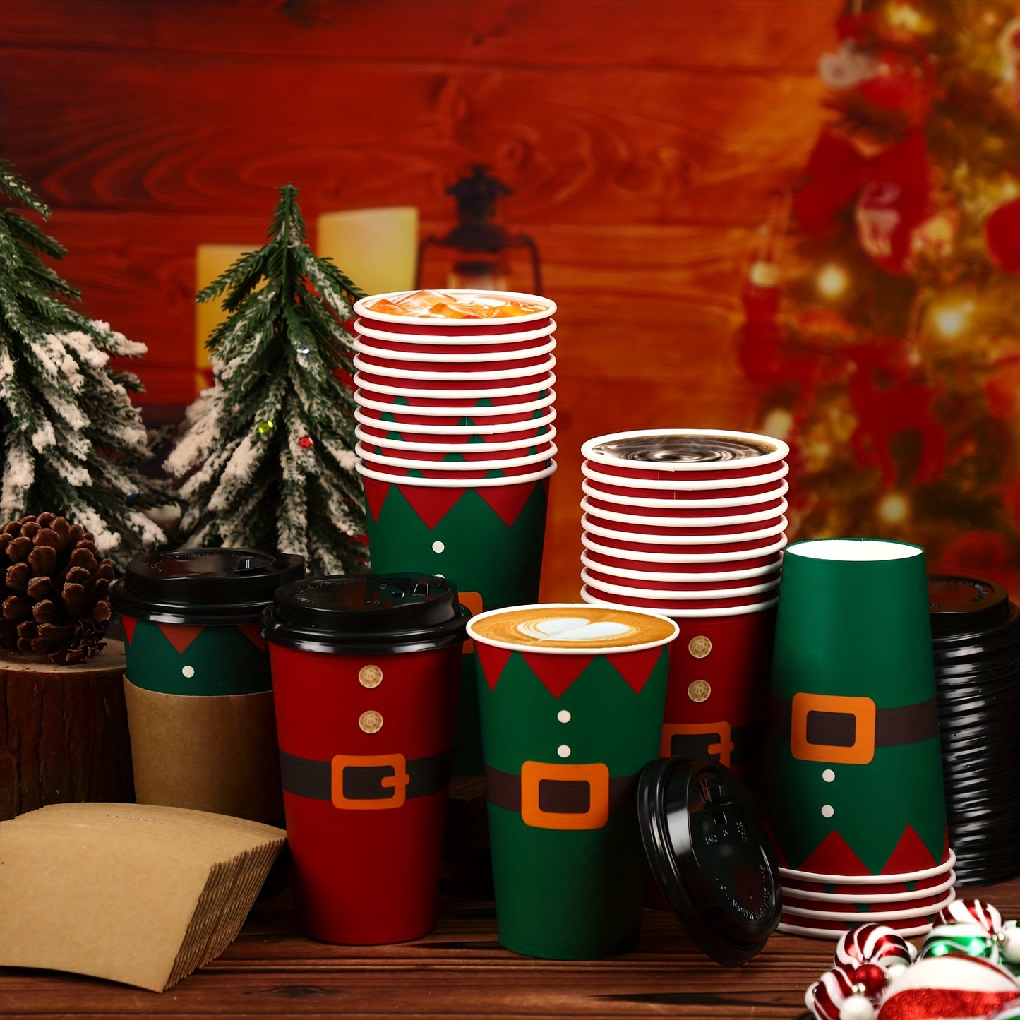 90 Pcs/30 Sets Christmas Paper Coffee Cups with Lids and Sleeves Disposable Hot Cocoa Party Paper Cups for Hot Chocolate Accessories (Cloths, 16 oz)