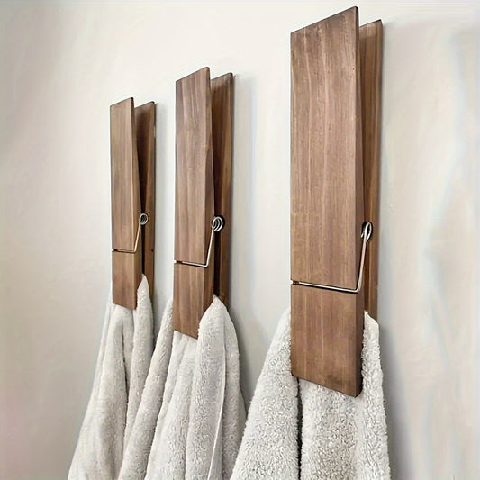 Large Capacity Rustic Style Wooden Hanging Clip Towel Rack - Rustproof Wall Mounted Bathroom Organizer with Multiple Hooks