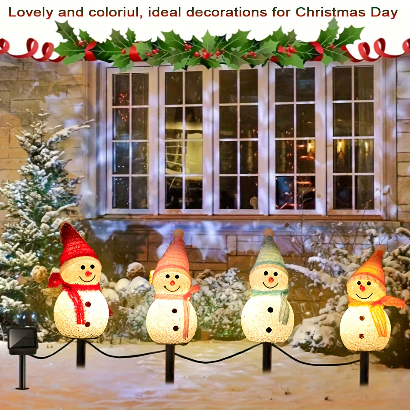 4-in-1 Solar Snowman Pile Light Christmas Patio Decoration for Front Doors, Walkways, Gardens, Lawns, Patios, Christmas Trees, Flower Beds and Winter Theme Parties