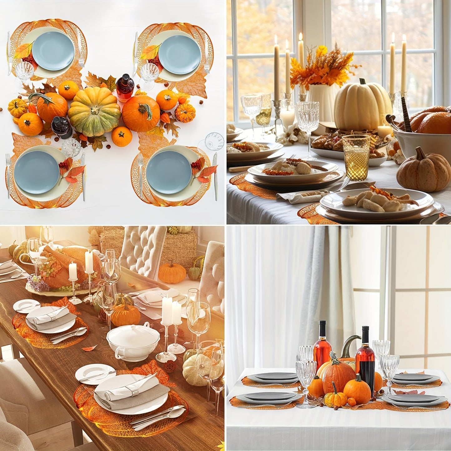 12 Pack/8 Pack Pressed Vinyl Metallic Fall Place Mats Autumn Harvest Pumpkins Place Mats, Round Place Mats Pumpkin Place Mats for Thanksgiving Halloween Table Decoration