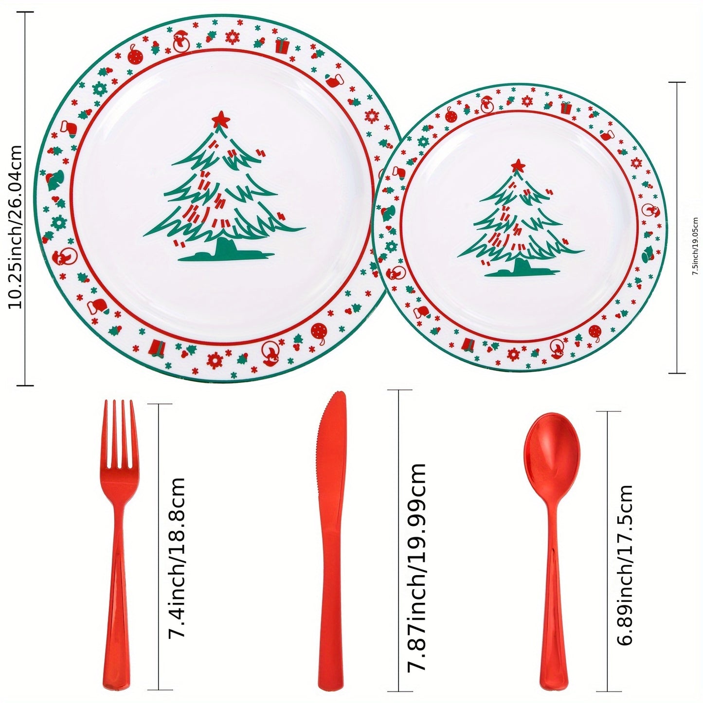 EI 150pcs Christmas Plastic Plates, Christmas Party Decorations, Christmas Plastic Dinnerware Set, Red And Green Plastic Plates With Christmas Tree, Red Plastic Silverware For New Year Party