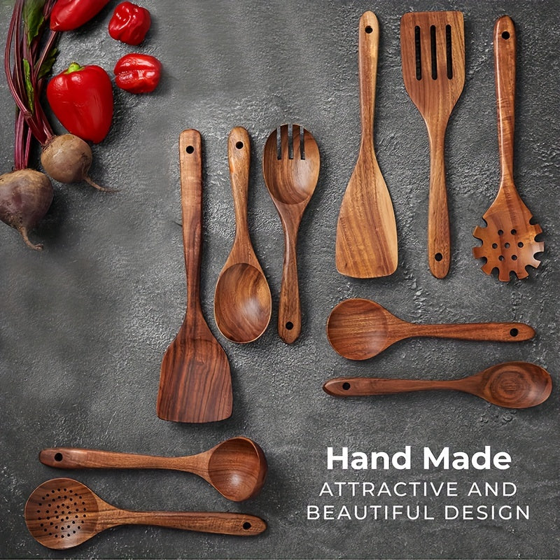 10pcs, Premium Teak Wood Cooking Utensil Set, Non-Stick Friendly, Heat-Resistant, Ergonomic Handles For Comfortable Grip, Ideal For Stirring, Baking, Serving, And Cooking With Ease