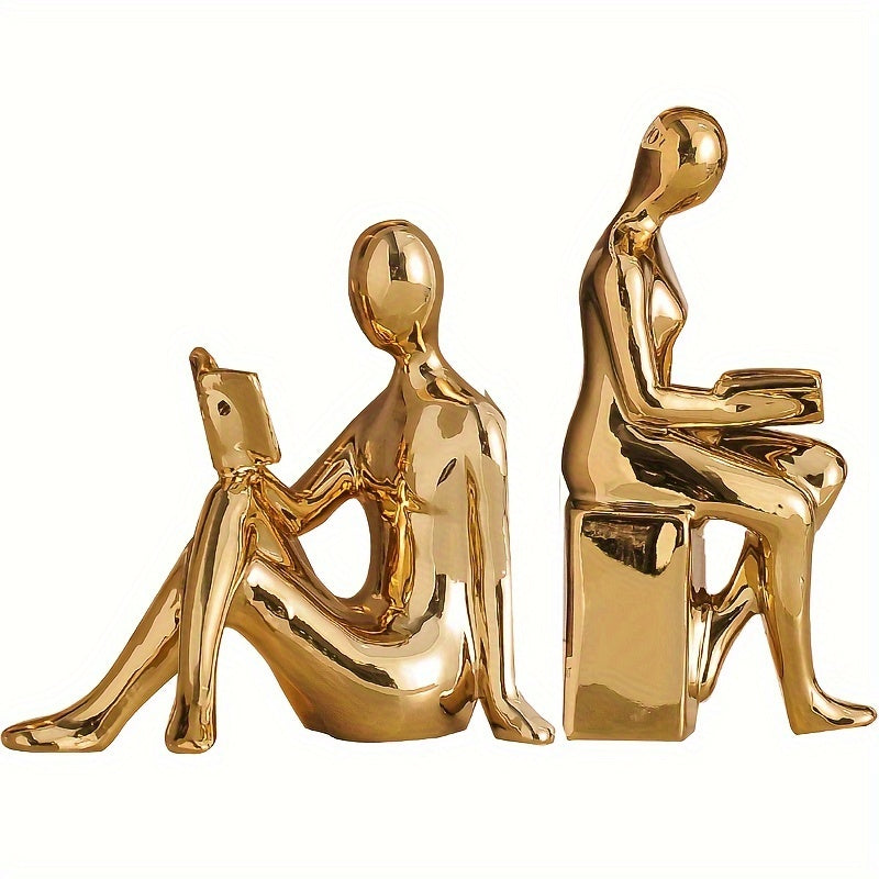 Modern Minimalist Gold-Tone Abstract Figurine Bookends: Perfect for Home Office or Living Room Decor