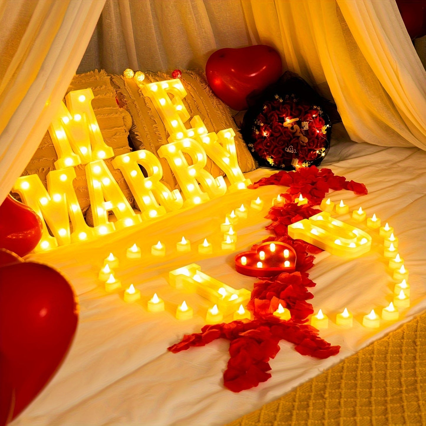 24Pcs Flameless Candles & 1000Pcs Red Fake Rose Petals & 30Pcs Red Balloons I Love U Light Up Sign - Romantic Proposal Decorations for Valentine's Day Wedding Night - Create Unforgettable Memories