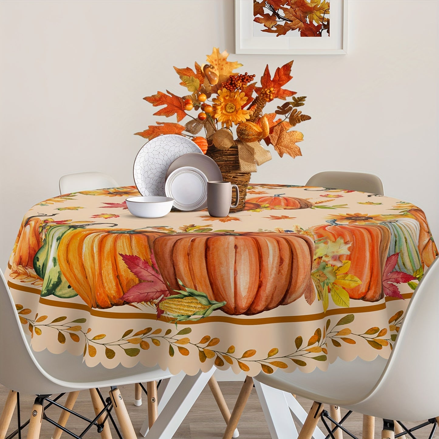 1pc Autumn Party Tablecloth, Orange Pumpkin Print, Perfect Party Decor, Home Supplies, Art Craft Sewing Supplies, Party Tablecloth, Polyester, Machine Woven, Holiday Season: Fall