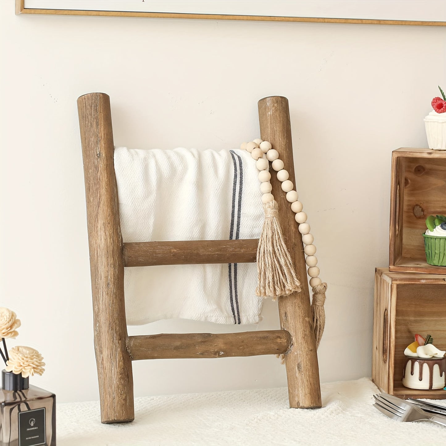 Rustic Farmhouse Mini Wooden Ladder - Versatile Tea Towel Holder & Display Rack for Kitchen and Bathroom Decor, Brown, Utility Hooks