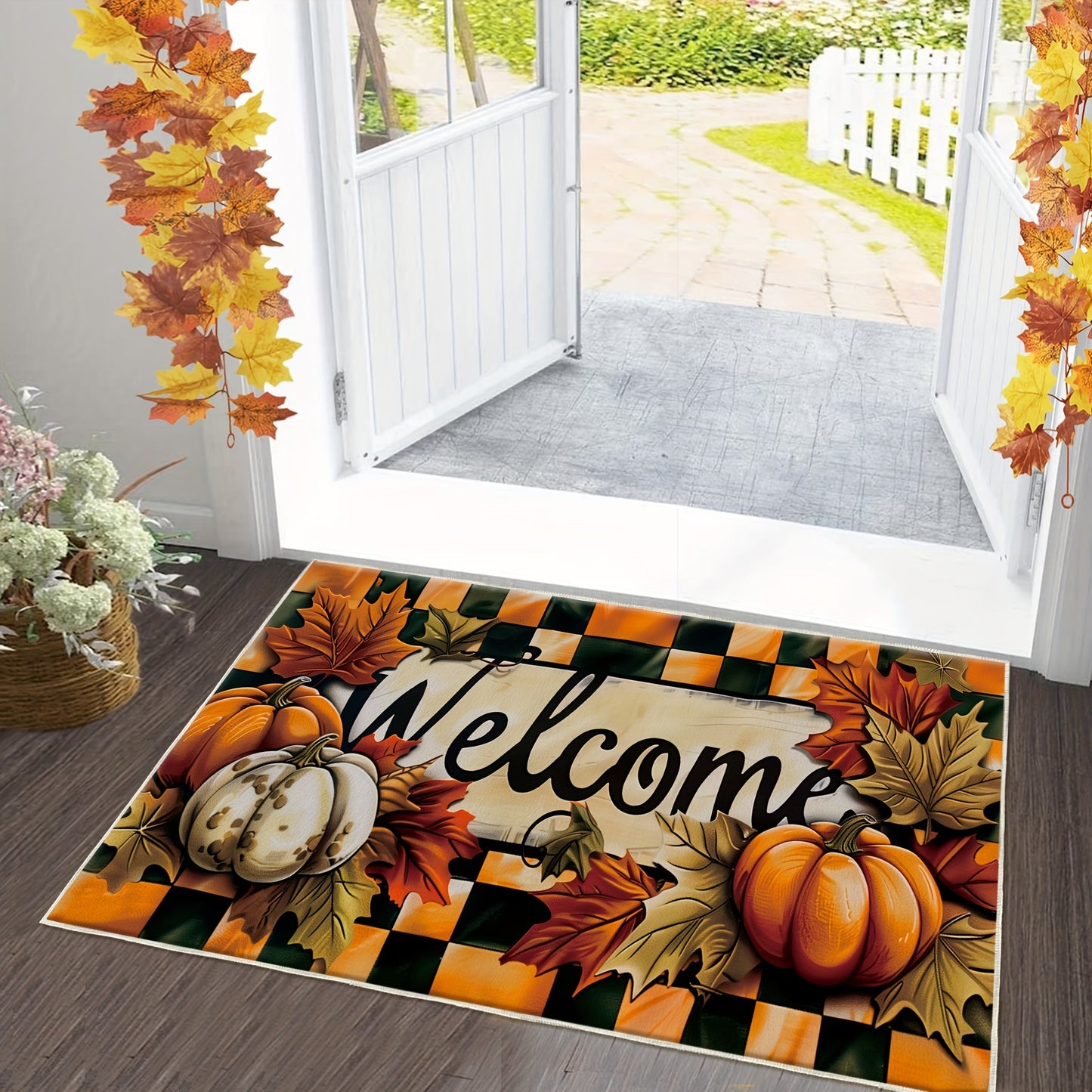 Charming Farmhouse-Style Pumpkin & Maple Leaf Design Rug - Non-Slip, Easy to Clean, Lightweight, Polyester, Shape, Machine Made, Hand Care Only for Living Spaces, Cooking Areas, Workspaces, and Doorways Decor