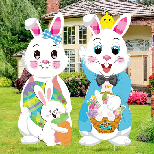 31.5in x 12.6in Large Easter Bunny Yard Sign - Colorful Lawn Decoration, Holiday Celebration, Rabbit with Carrot and Flower Basket, Durable Outdoor Path Garden Decor, Spring Festival Theme, Easy to Assemble